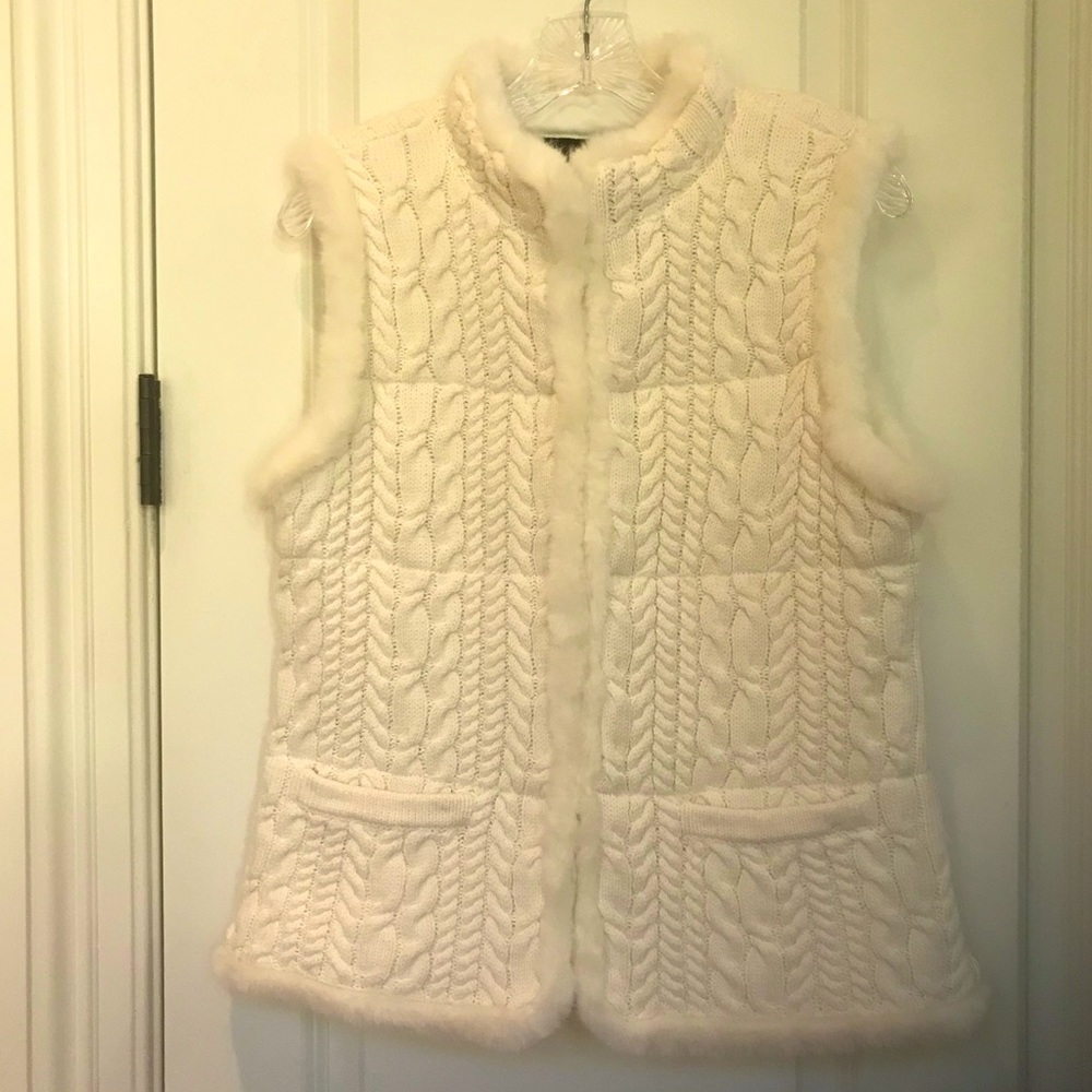 NWT Talbots Ivory Cable Knit & Faux Fur Primaloft Insulated Womens Vest Size S